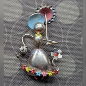 Vintage 1940s LONGCRAFT Copper & Enamel Brooch Garden Girl with Umbrella - WWII